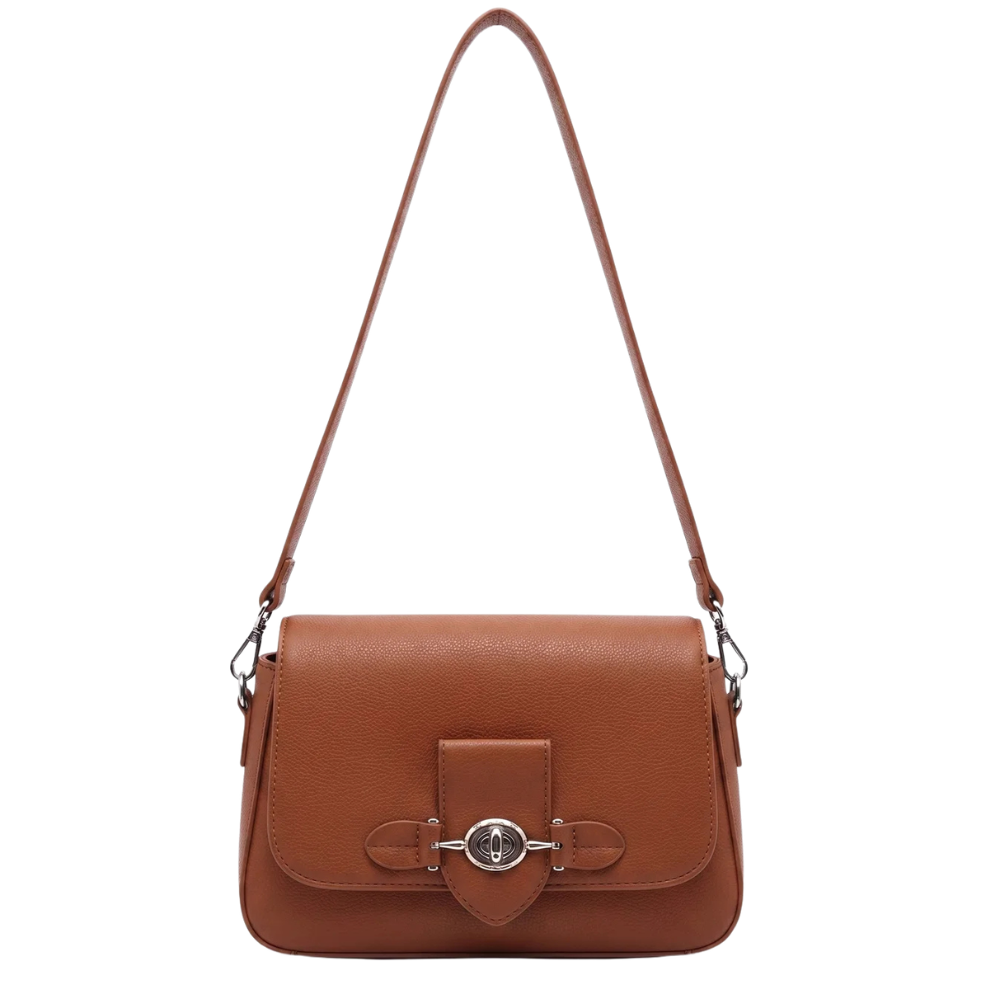 Classic Cognac Brown Flap Shoulder Bag with Turn-Lock Closure