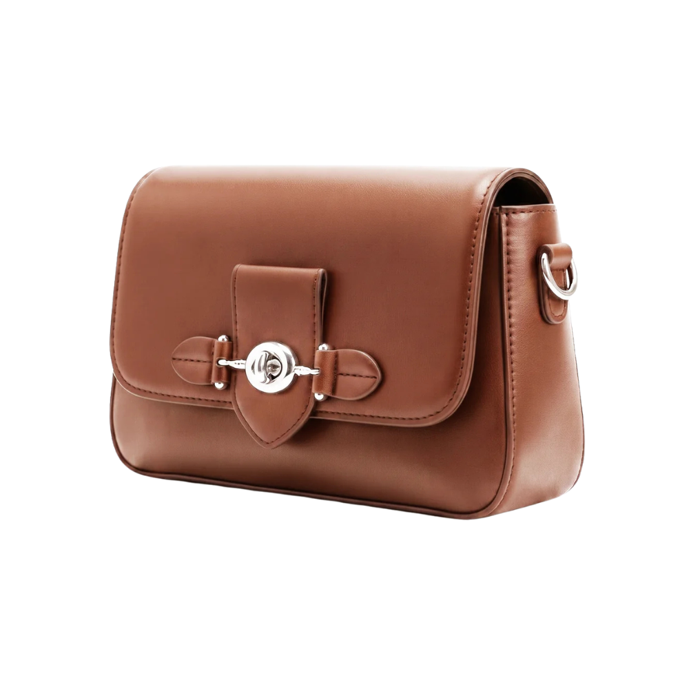 Classic Cognac Brown Flap Shoulder Bag with Turn-Lock Closure - Image 2