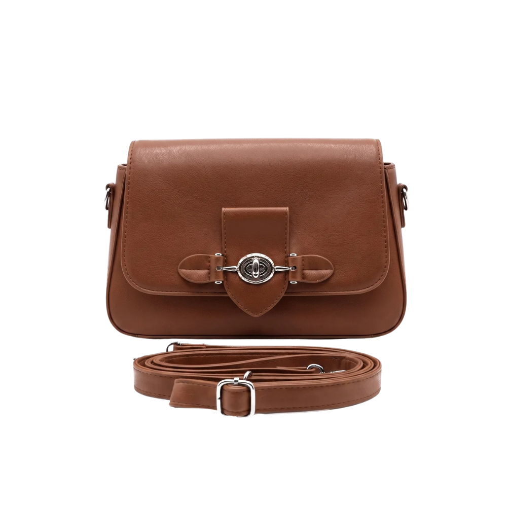 Classic Cognac Brown Flap Shoulder Bag with Turn-Lock Closure - Image 3